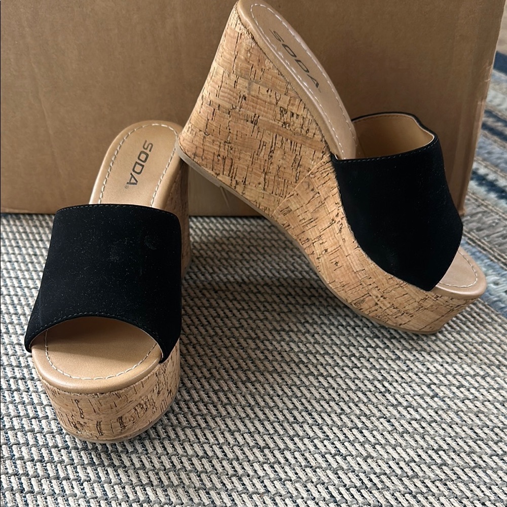 Soda Black Cork Wedge Sandals